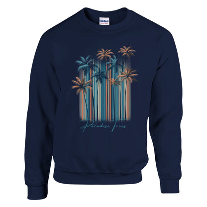 Navy blue sweatshirt with palm tree design on a white background