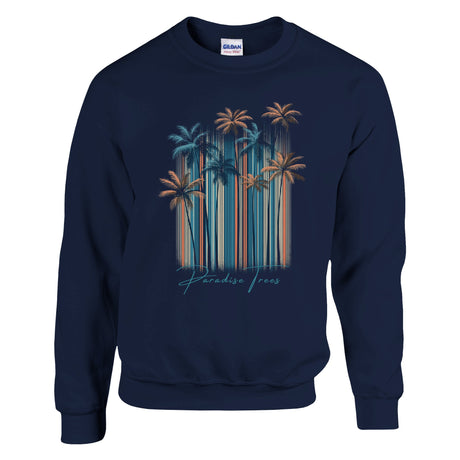 Navy blue sweatshirt with palm tree design on a white background