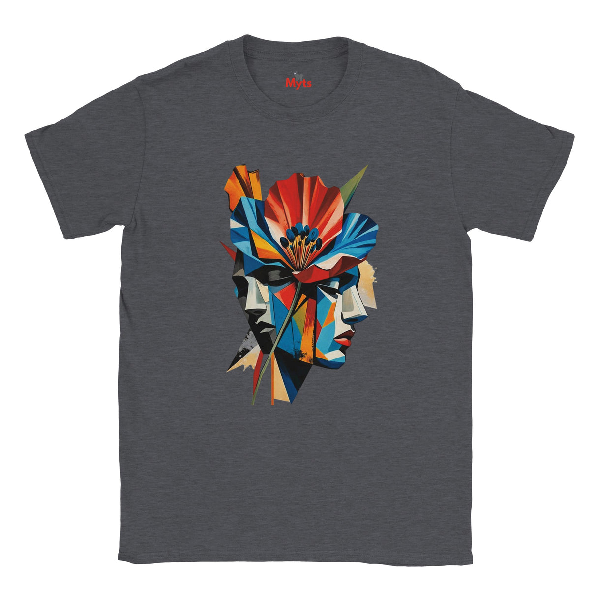 A Dark Heather abstract two face poppy T-shirt featuring colourful geometric portrait artwork in red, blue, yellow, black and cream.