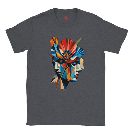 A Dark Heather abstract two face poppy T-shirt featuring colourful geometric portrait artwork in red, blue, yellow, black and cream.