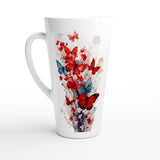 A tall white ceramic latte mug featuring a watercolor-style print of red and blue butterflies with floral accents, set against a clean white background.
