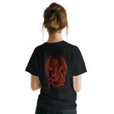 A woman shown from the back wearing a black short-sleeve t-shirt with a large red dragon graphic and the text 'Gwiber Winged Serpent printed on the back.