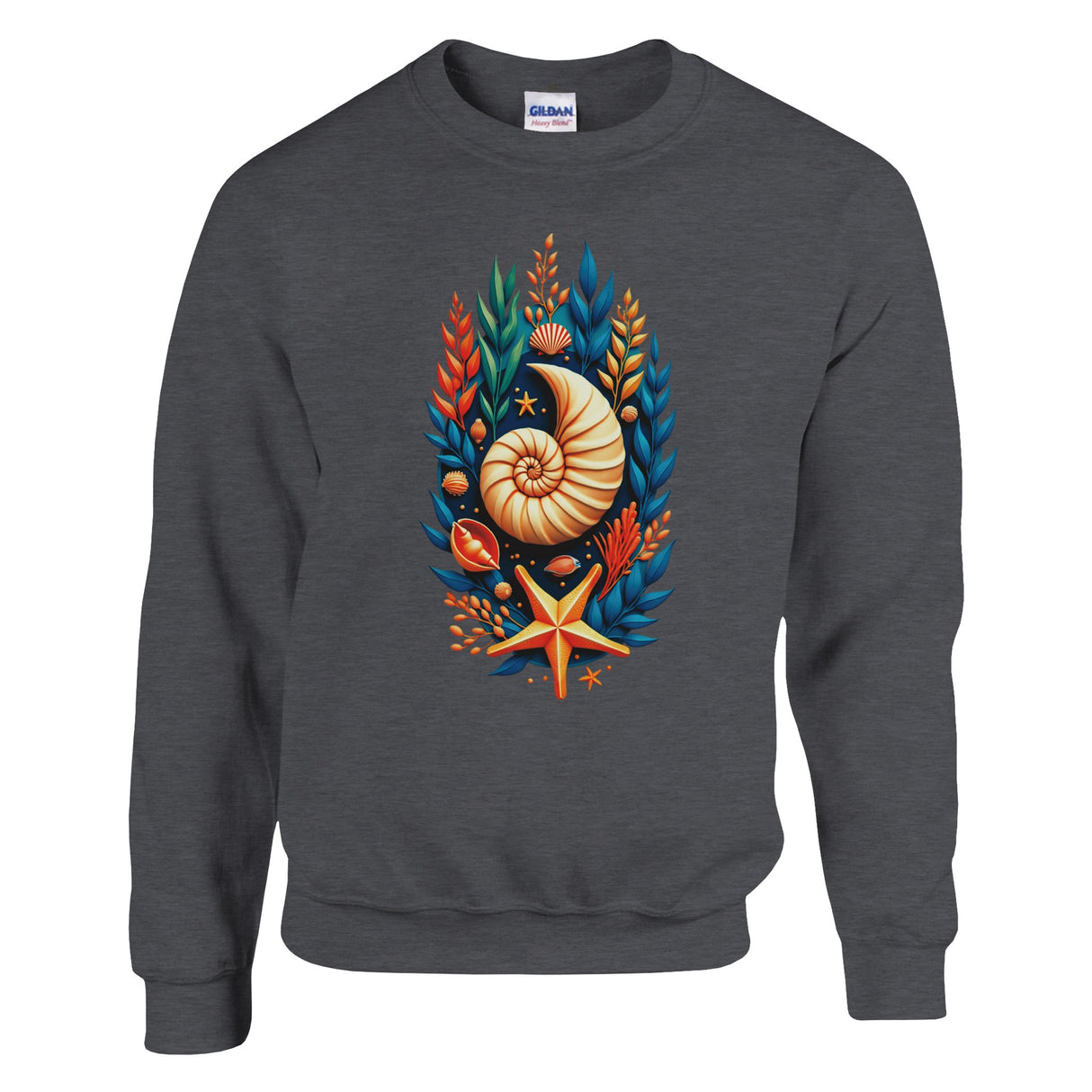 A dark gray crewneck sweatshirt featuring a colorful graphic print of a nautilus shell and starfish surrounded by seashells and seaweed.