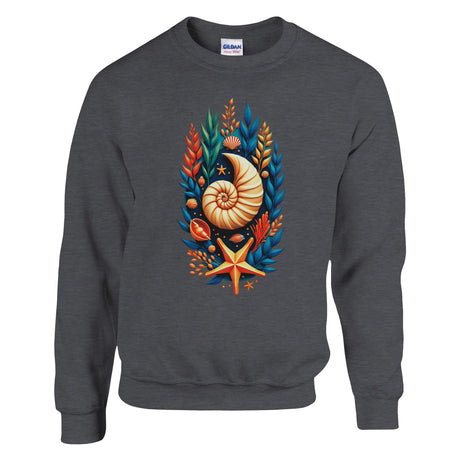 A dark gray crewneck sweatshirt featuring a colorful graphic print of a nautilus shell and starfish surrounded by seashells and seaweed.