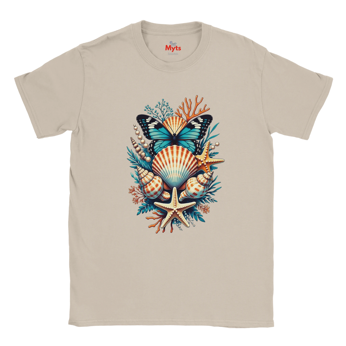 ANatural crewneck t-shirt featuring a colorful graphic print of a butterfly, seashells, starfish, and coral on the front, with the brand name 'Myts' printed inside the collar.