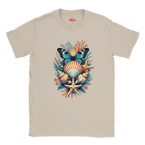 ANatural crewneck t-shirt featuring a colorful graphic print of a butterfly, seashells, starfish, and coral on the front, with the brand name 'Myts' printed inside the collar.