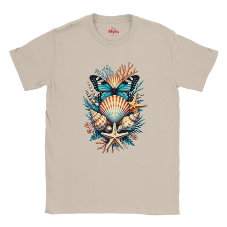 ANatural crewneck t-shirt featuring a colorful graphic print of a butterfly, seashells, starfish, and coral on the front, with the brand name 'Myts' printed inside the collar.
