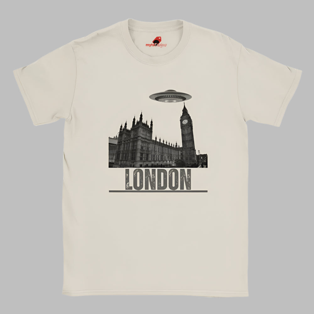 Front view of a soft casual tee featuring London’s Big Ben and Parliament skyline with a stylized spaceship hovering above, printed on ultra-soft Gildan 64000 cotton.