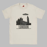 Front view of a soft casual tee featuring London’s Big Ben and Parliament skyline with a stylized spaceship hovering above, printed on ultra-soft Gildan 64000 cotton.