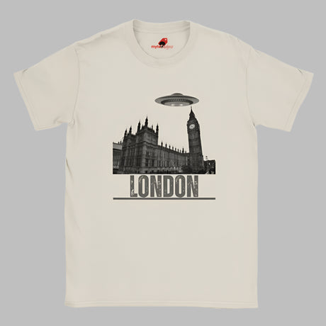 Front view of a soft casual tee featuring London’s Big Ben and Parliament skyline with a stylized spaceship hovering above, printed on ultra-soft Gildan 64000 cotton.
