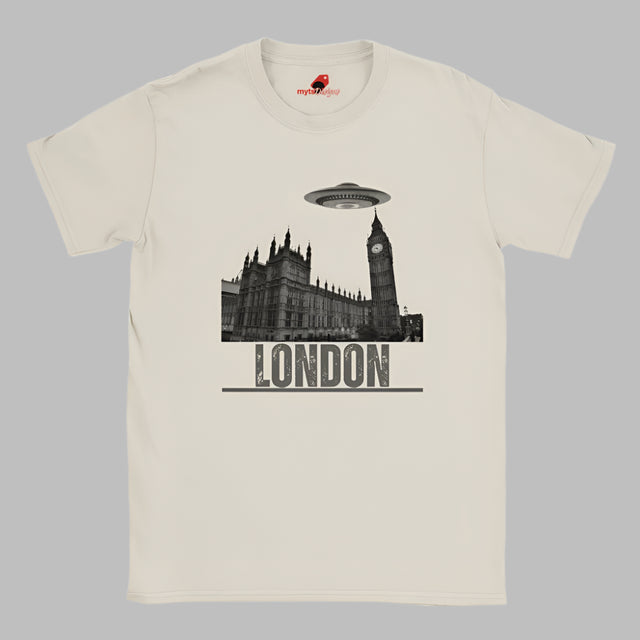 Front view of a soft casual tee featuring London’s Big Ben and Parliament skyline with a stylized spaceship hovering above, printed on ultra-soft Gildan 64000 cotton.