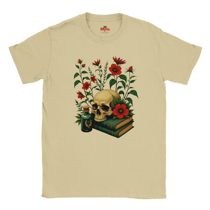 Sand t-shirt with a skull, books, and flowers design on a white background