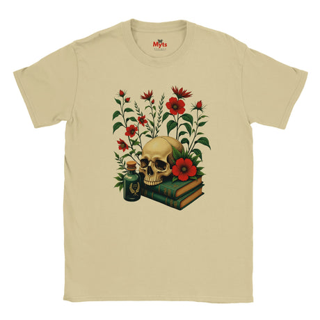 Sand t-shirt with a skull, books, and flowers design on a white background