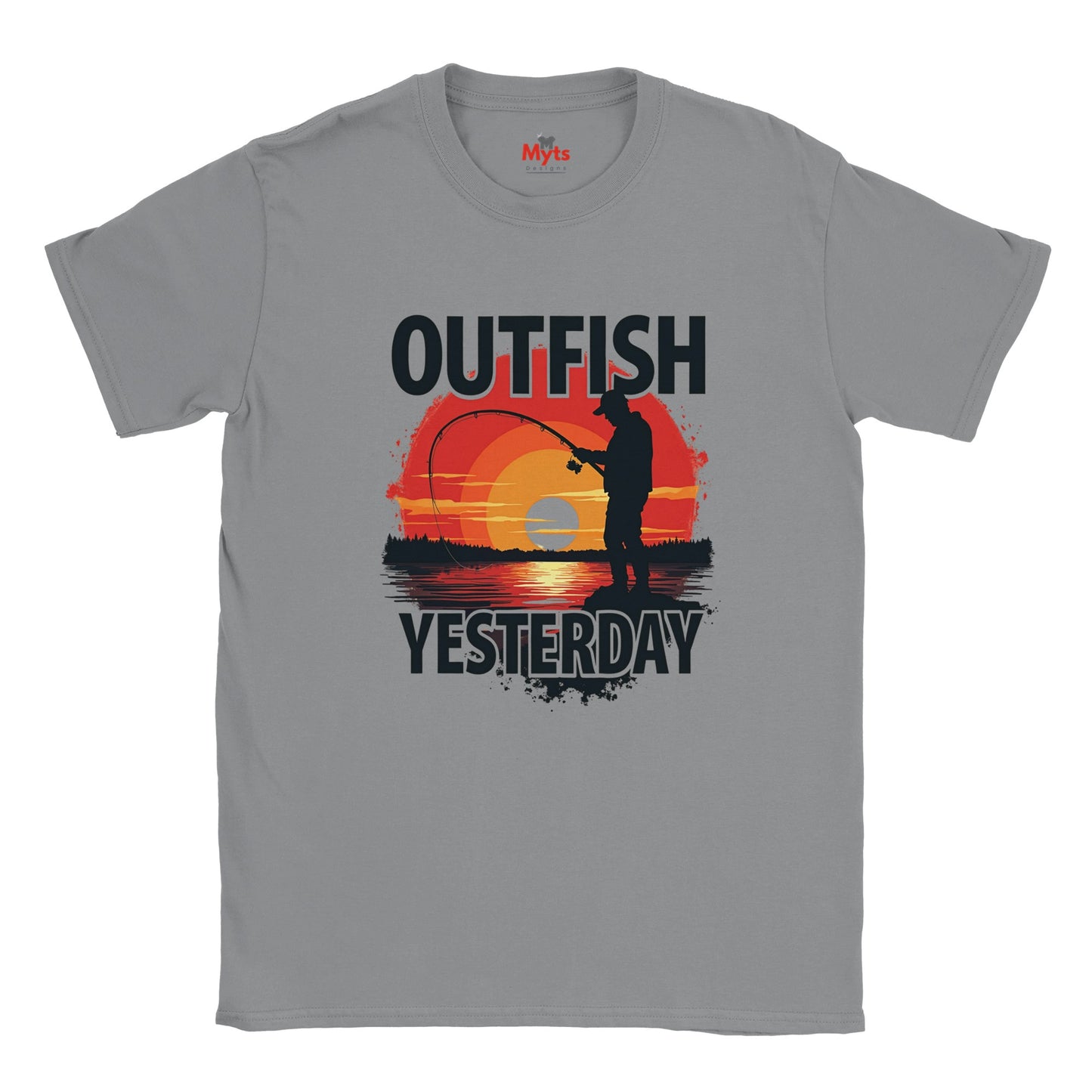Gray t-shirt with fishing graphic and 'Outfish Yesterday' text on a white background