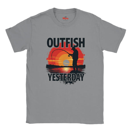 Gray t-shirt with fishing graphic and 'Outfish Yesterday' text on a white background