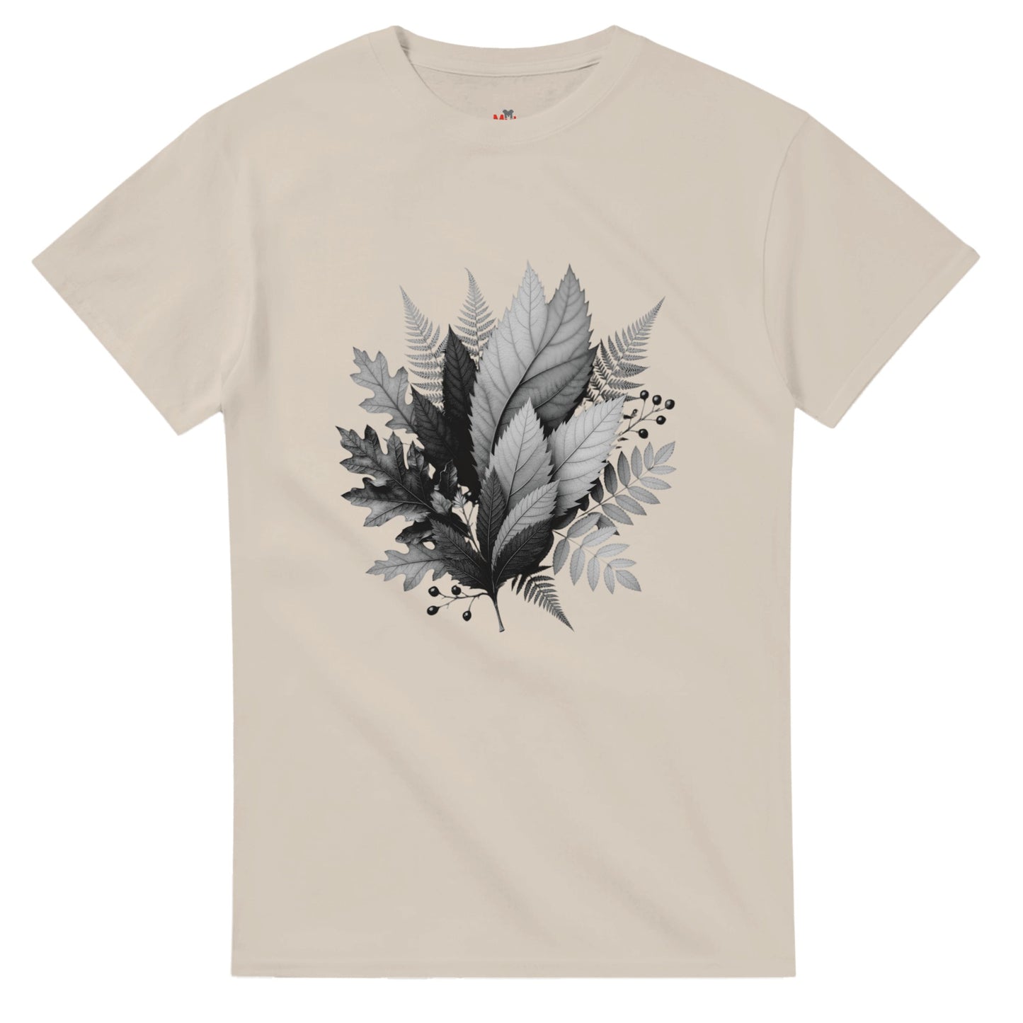 Beige t-shirt with black and white leaf design on a white background