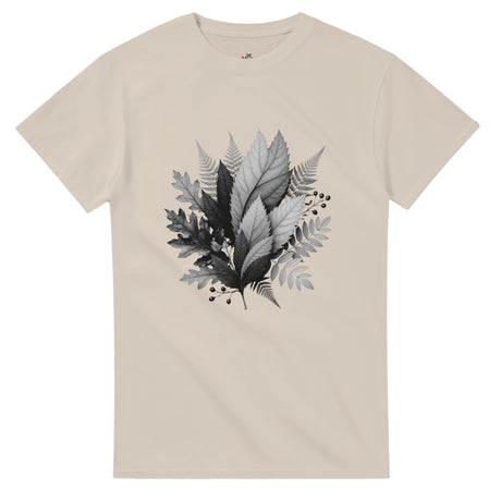 Beige t-shirt with black and white leaf design on a white background