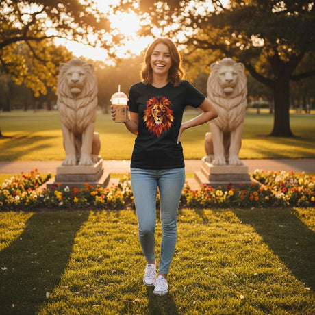 Woman in a park with lion statues and flowers, wearing a black t-shirt with a lion graphic.