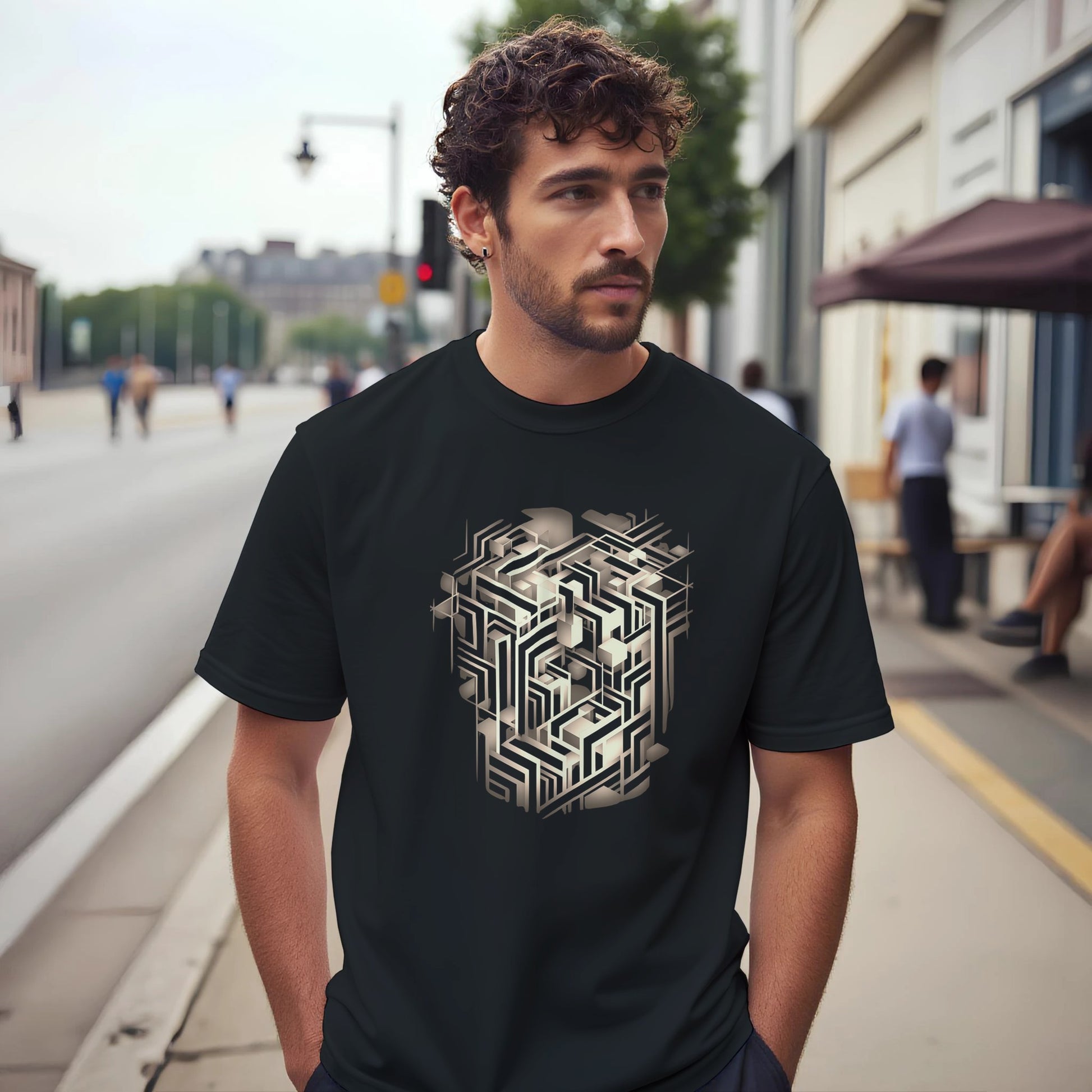 Man wearing a black t-shirt with a geometric design on a city street.