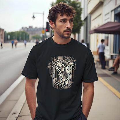 Man wearing a black t-shirt with a geometric design on a city street.
