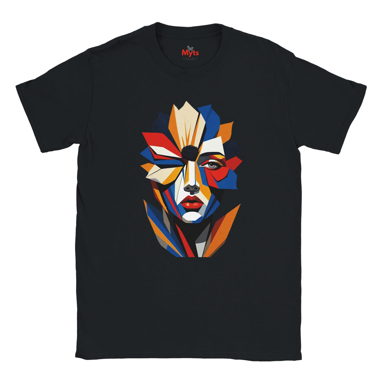 Abstract Geometric Face T-Shirt in Black — bold geometric portrait art graphic tee by Mytsdesigns