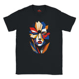 Abstract Geometric Face T-Shirt in Black — bold geometric portrait art graphic tee by Mytsdesigns