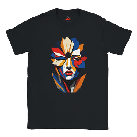 Abstract Geometric Face T-Shirt in Black — bold geometric portrait art graphic tee by Mytsdesigns