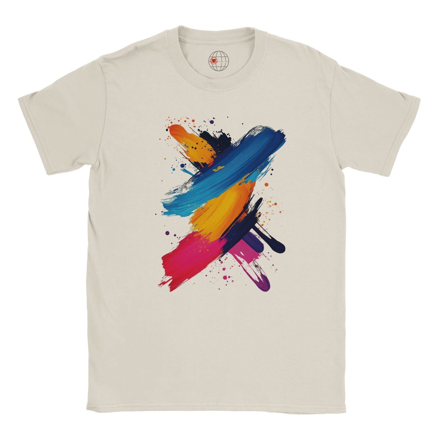 Neutral t-shirt with a colorful abstract design on a white background