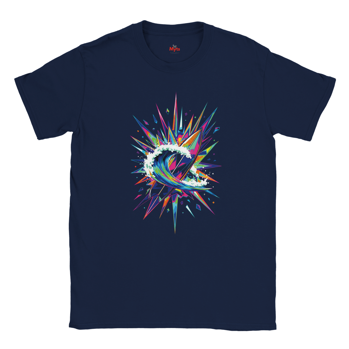 Navy blue t-shirt with a colorful abstract design on a white background