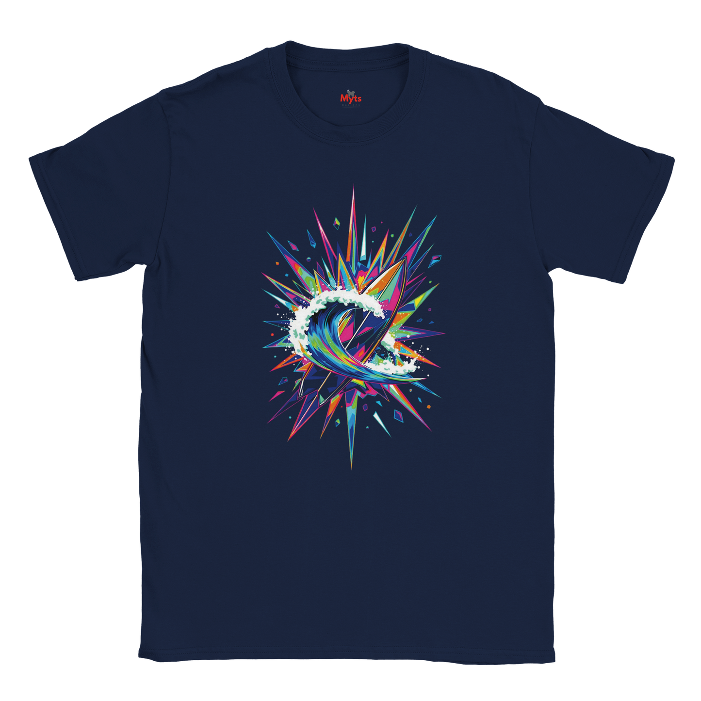 Navy blue t-shirt with a colorful abstract design on a white background