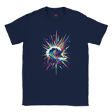 Navy blue t-shirt with a colorful abstract design on a white background