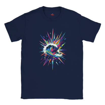 Navy blue t-shirt with a colorful abstract design on a white background