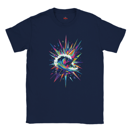 Navy blue t-shirt with a colorful abstract design on a white background