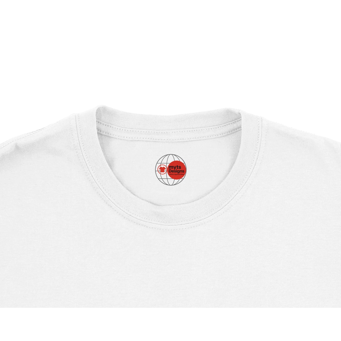 White t-shirt with a red and black logo on the collar against a white background