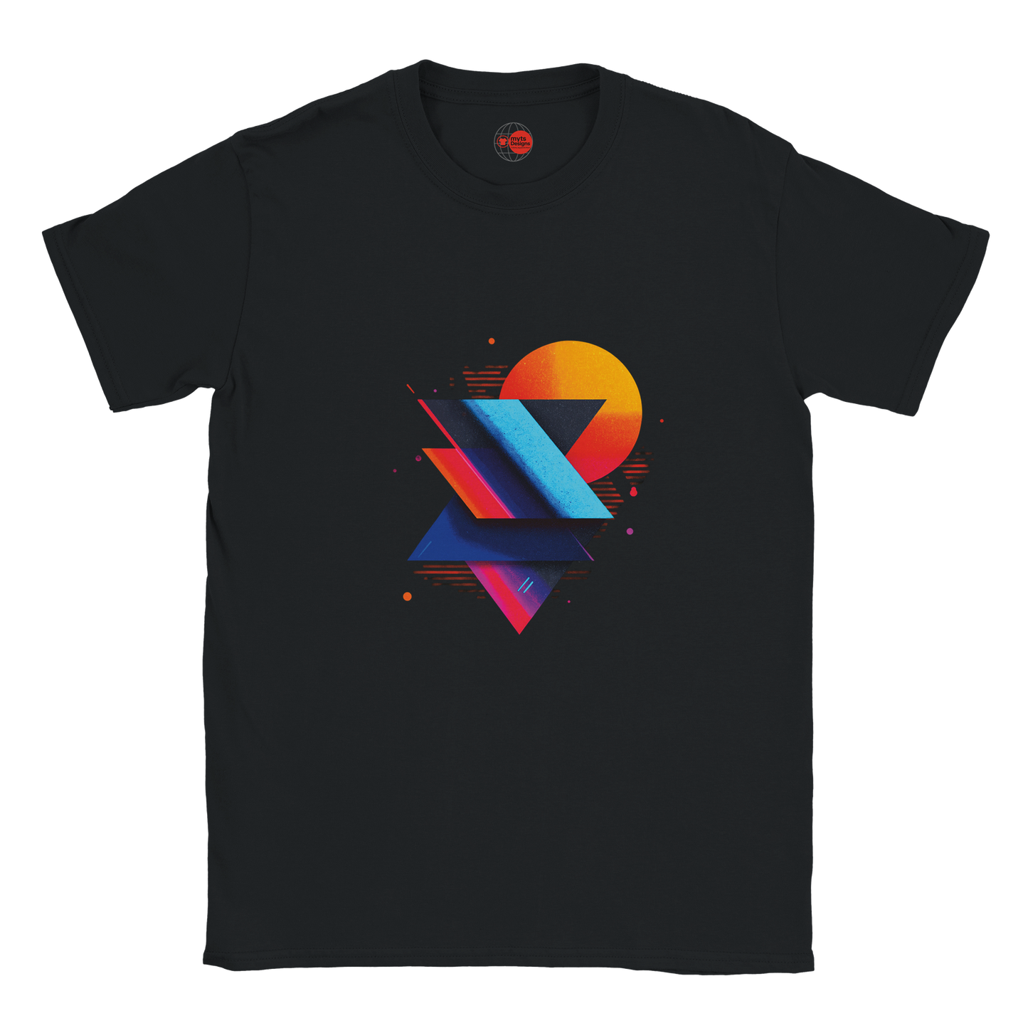 Black t-shirt with colorful geometric design on a white background