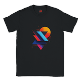 Black t-shirt with colorful geometric design on a white background