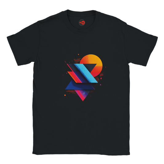 Black t-shirt with colorful geometric design on a white background