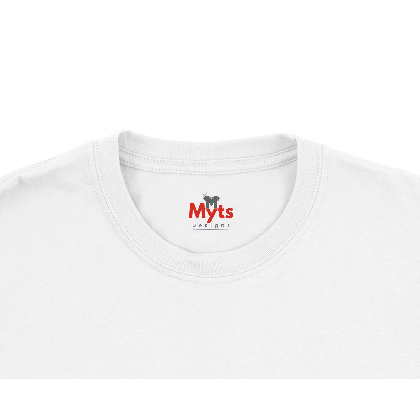 White t-shirt with 'Myts Designs' logo on a white background