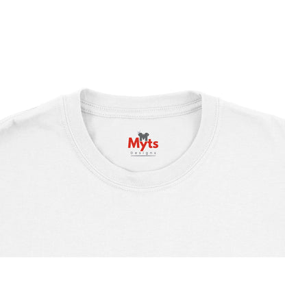 White t-shirt with 'Myts Designs' logo on a white background