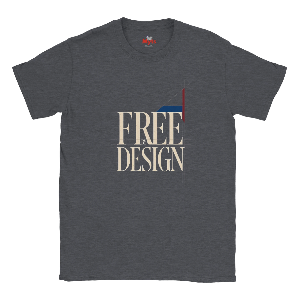 A dark heather gray t-shirt with a graphic print on the front reading 'FREE BY DESIGN' in beige serif letters, featuring a geometric flag design in red, white, and blue.