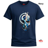 A navy blue short-sleeve t-shirt with a central graphic print of a stylized face made from geometric shapes in shades of blue, gray, and white. The word 'Navy' is printed in black in the top right corner, and the 'Myts' brand logo is visible on the inner neck label and as a watermark in the bottom right corner.