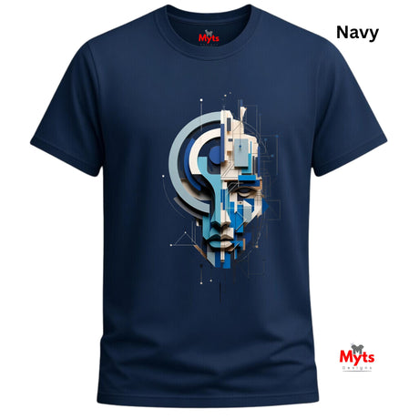 A navy blue short-sleeve t-shirt with a central graphic print of a stylized face made from geometric shapes in shades of blue, gray, and white. The word 'Navy' is printed in black in the top right corner, and the 'Myts' brand logo is visible on the inner neck label and as a watermark in the bottom right corner.