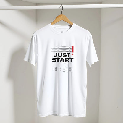 White t-shirt with 'JUST START' text on a hanger against a neutral background
