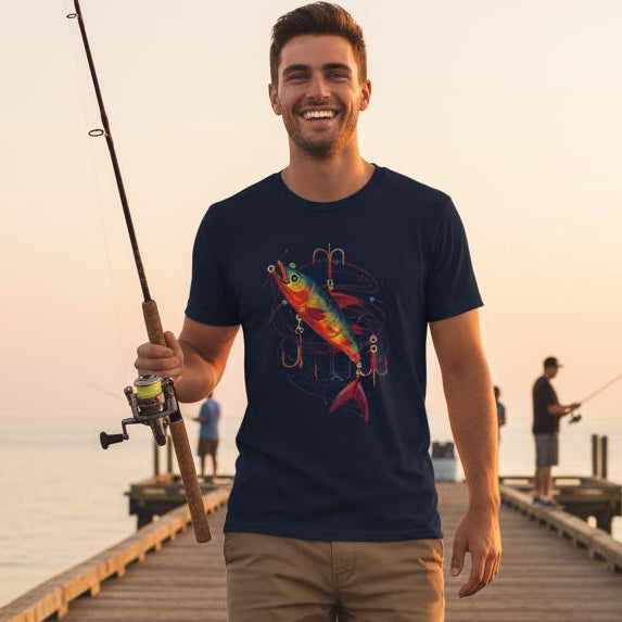 Man walking on a wooden dock holding a fishing rod, wearing a colorful fish graphic t-shirt.