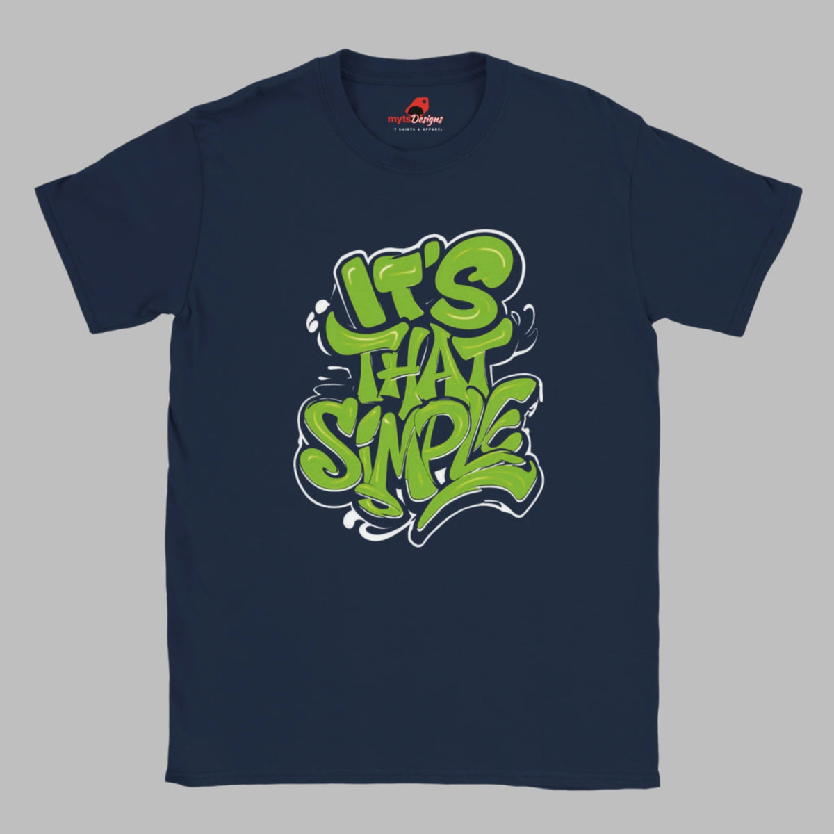 Front view of navy T-shirt featuring groovy 60s-style “It’s That Simple” psychedelic text design – printed on soft cotton


