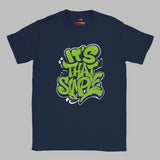 Front view of navy T-shirt featuring groovy 60s-style “It’s That Simple” psychedelic text design – printed on soft cotton

