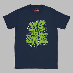 Front view of navy T-shirt featuring groovy 60s-style “It’s That Simple” psychedelic text design – printed on soft cotton

