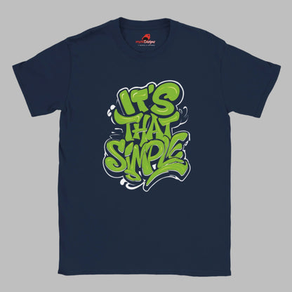 Front view of navy T-shirt featuring groovy 60s-style “It’s That Simple” psychedelic text design – printed on soft cotton

