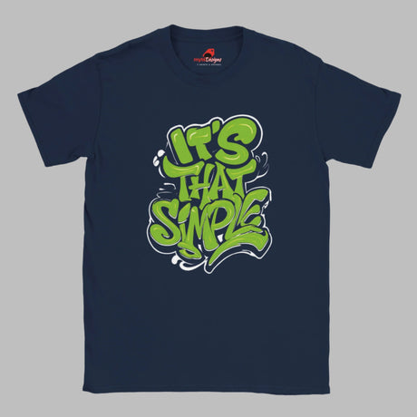 Front view of navy T-shirt featuring groovy 60s-style “It’s That Simple” psychedelic text design – printed on soft cotton

