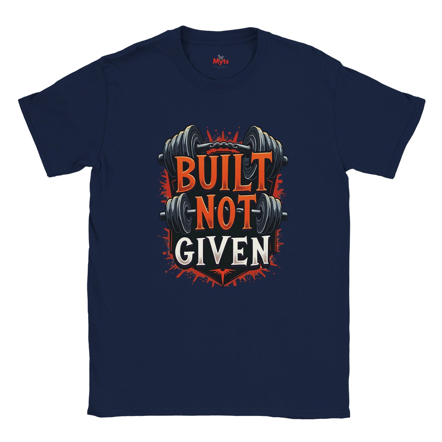 Navy t-shirt with yellow graphic and text on a white background